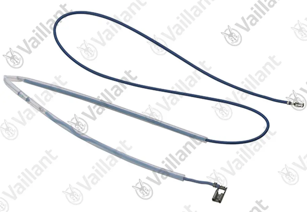Blaues Kabel mit silbernem Anschluss, hergestellt von Vaillant. Das Produkt zeigt eine flexible Verbindung mit zwei unterschiedlichen Endstücken.